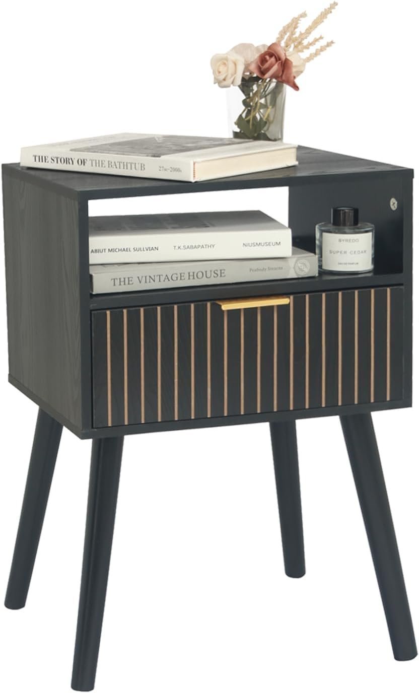 Black Nightstand with Drawer and Open Shelf