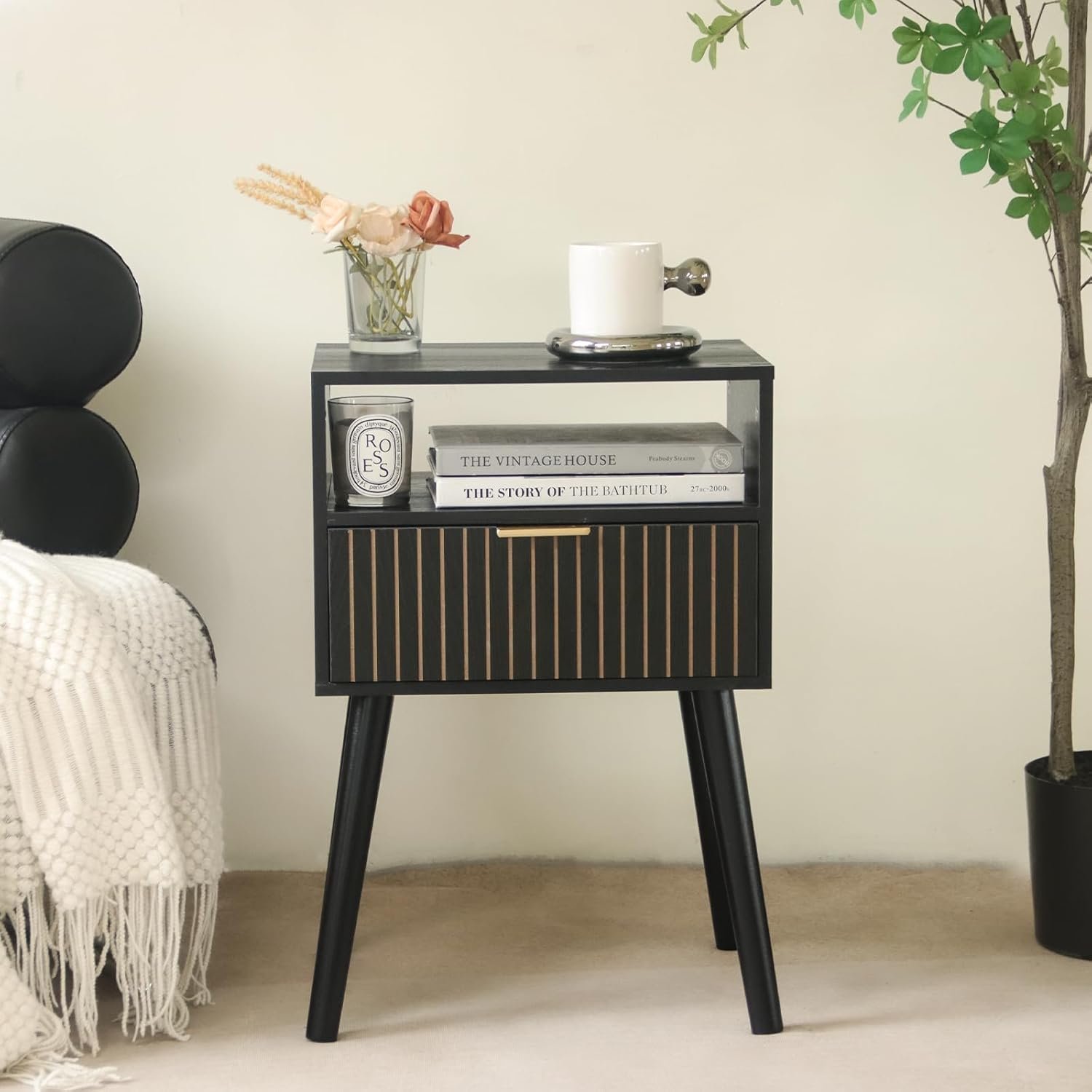 Black Nightstand with Drawer and Open Shelf - Image 3