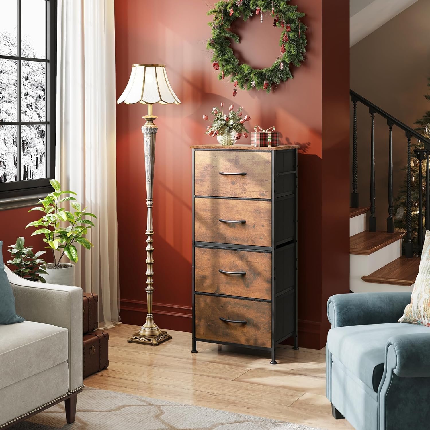 Dresser with 4 Drawers, Fabric Storage Tower - Image 3